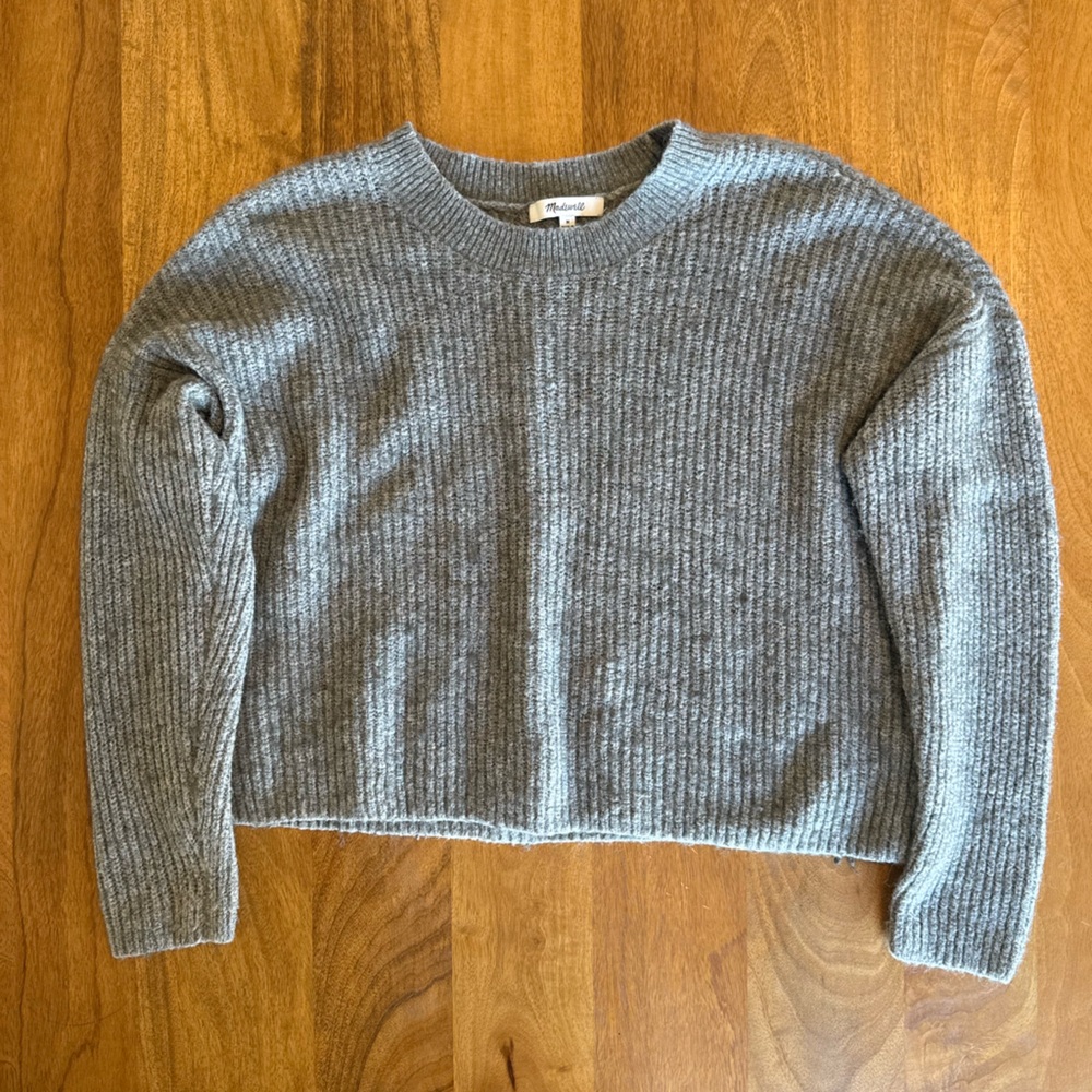 Madewell Cozy Light Gray Ribbed Knit Cropped Sweater